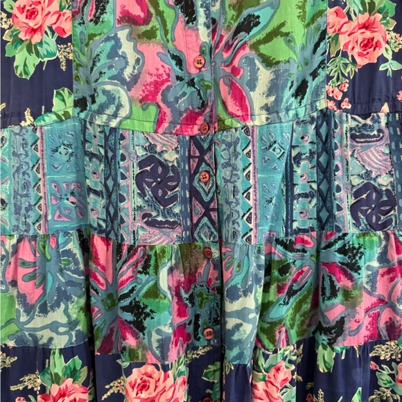 Vintage 80s/90s Together! Blue Floral Patchwork Rayon Maxi Shirt Dress Sz M - Picture 5 of 6